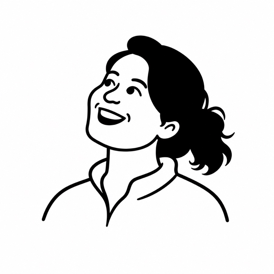 A line drawing of the founder, laughing and looking up